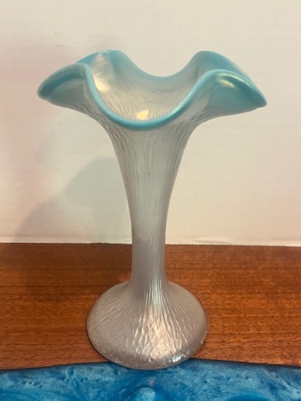 Kralik Martele Blue Ruffle Edge Iridescent Vase Bohemian Art Glass Vintage